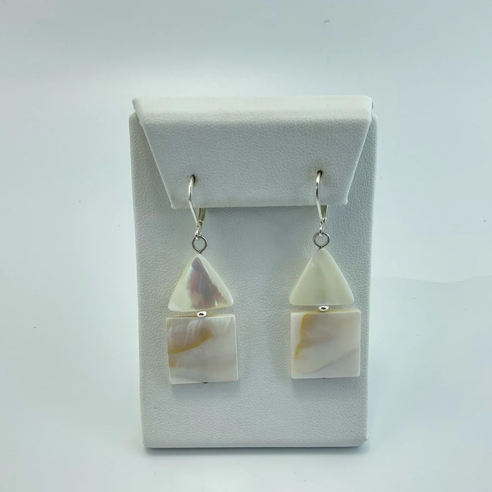 Mod Mother of Pearl Earrings, Handmade, Triangles & Squares, Neutral